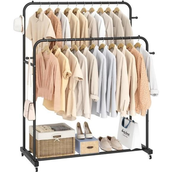 Double Rods Garment Rack with Wheels 4 Hooks Multi-functional Rack Black